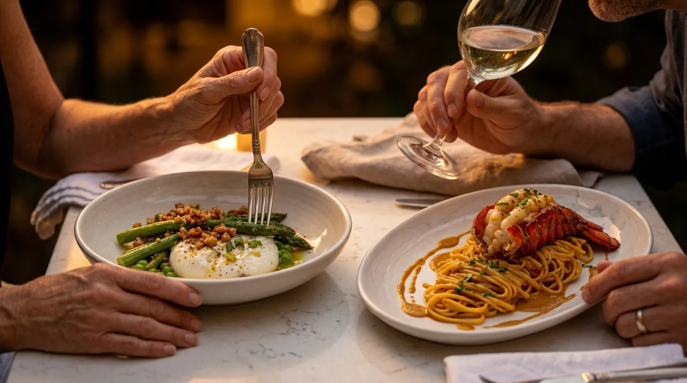Deux personnes dînant au restaurant avec un verre de vin dans la main.