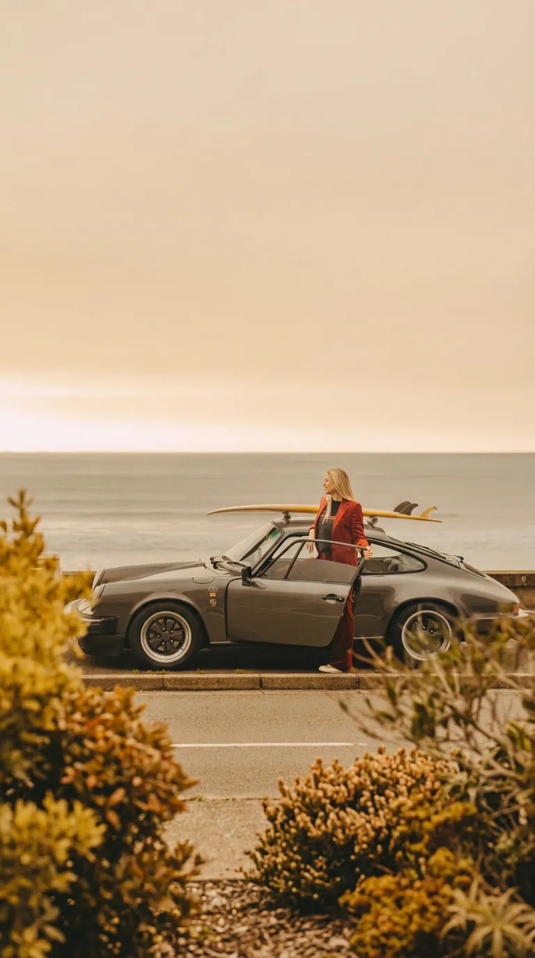 Une femme blonde qui rentre dans sa Porsche face à la mer 
