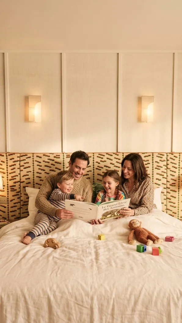 Une famille avec deux enfants sur leur lit en train de lire un livre.