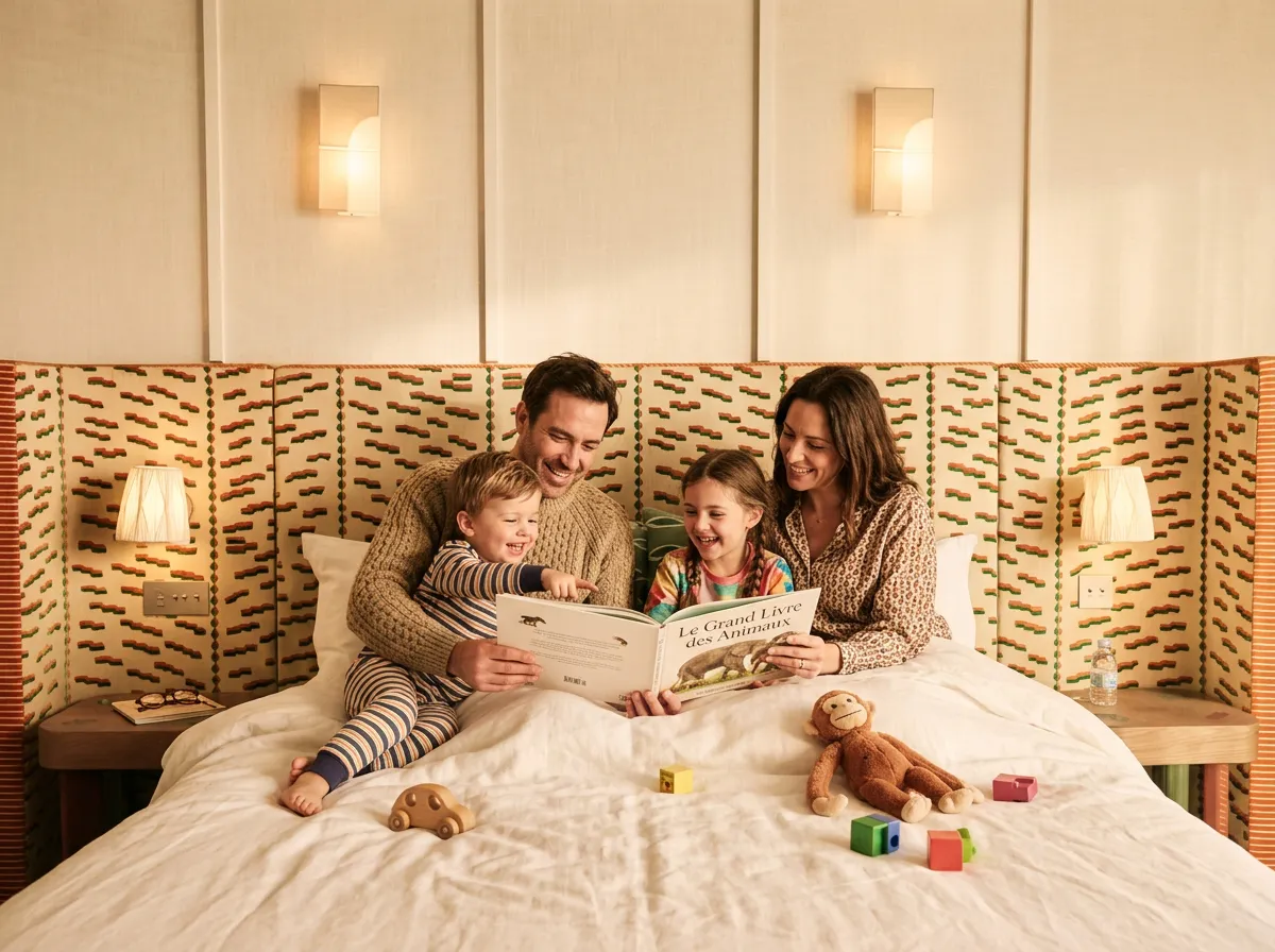 A family comfortably settled in their bed, reading a story with smiles on their faces. 