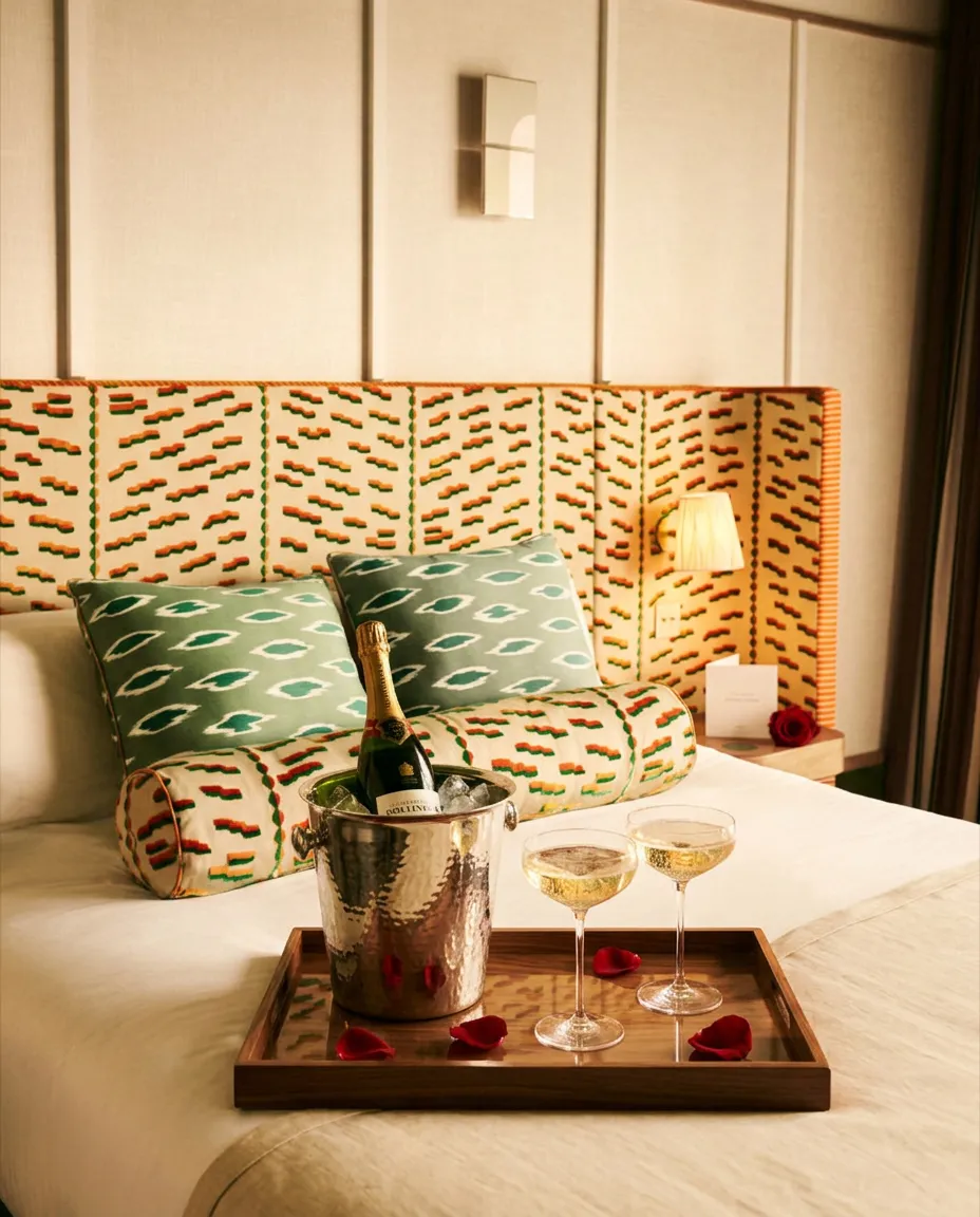 A tray with a champagne bucket and two champagne glasses on a bed.
