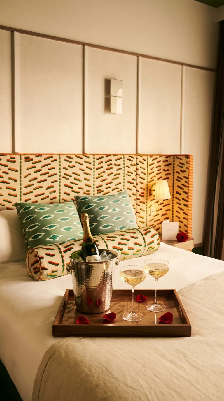 Une bouteille de Champagne avec deux coupes sur un lit.