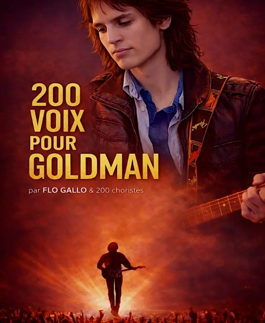 Affiche du concert hommage 200 Voix pour Goldman, illustrée par la silhouette d'un guitariste sur scène sous des éclairages chauds.