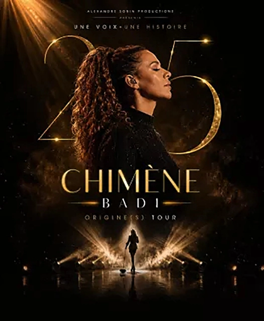 Affiche promotionnelle du concert « Origine(s) Tour » de Chimène Badi, dans une ambiance élégante et lumineuse aux tons noirs et dorés.