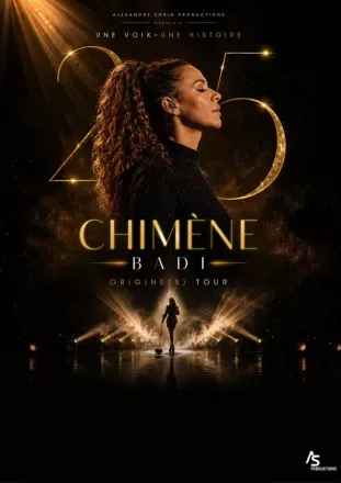 Affiche promotionnelle du concert « Origine(s) Tour » de Chimène Badi, dans une ambiance élégante et lumineuse aux tons noirs et dorés.