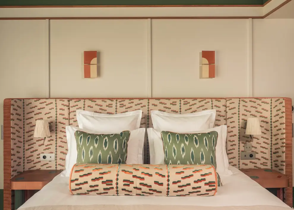 A bohemian vibe at Les Cimes Bleues: textiles featuring ikat patterns and natural dyes to enhance the comfort of your seaside hotel rooms and suites, as well as your spa hotel.