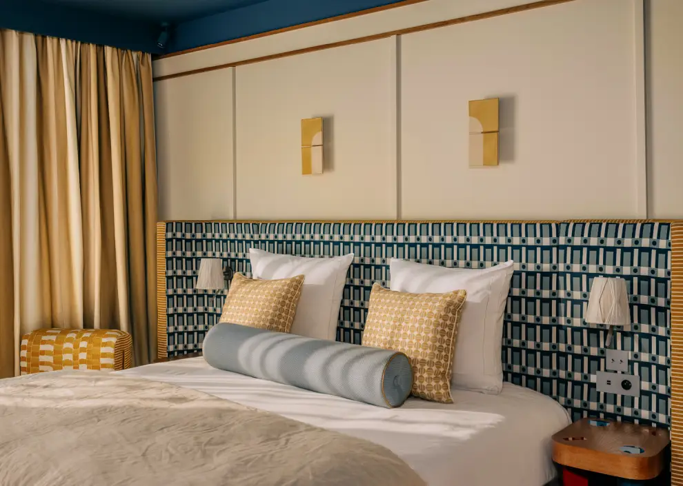 A bohemian vibe at Les Cimes Bleues: textiles featuring ikat patterns and natural dyes to enhance the comfort of your seaside hotel rooms and suites, as well as your spa hotel.