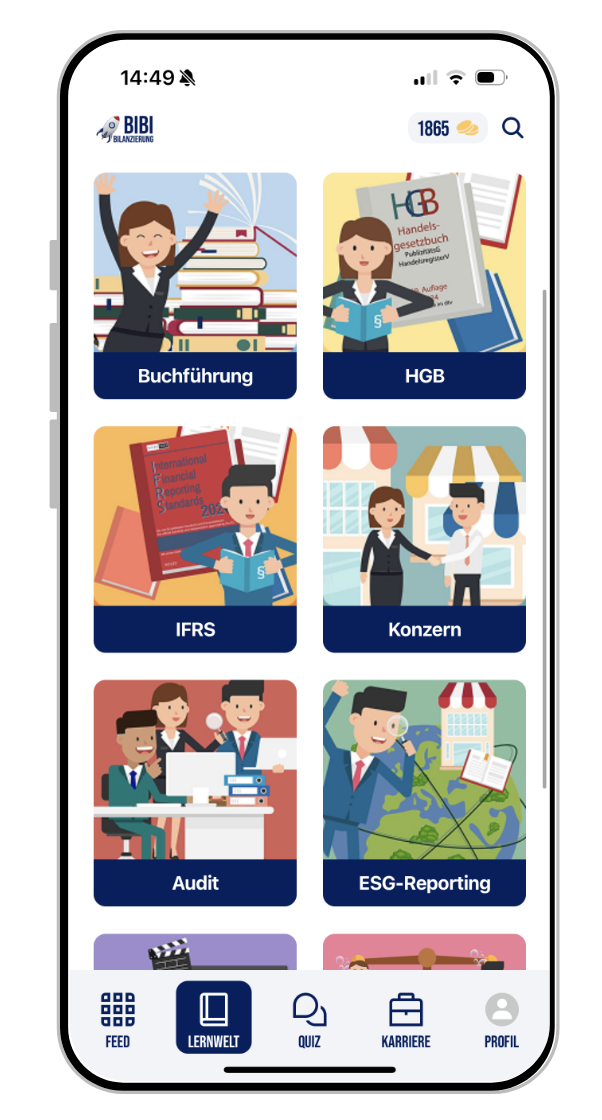 Smartphone-Bildschirm zeigt eine Lern-App mit Kategorien: Buchführung, HGB, IFRS, Konzern, Audit und ESG-Reporting, jeweils mit Illustrationen von Personen und Büchern.