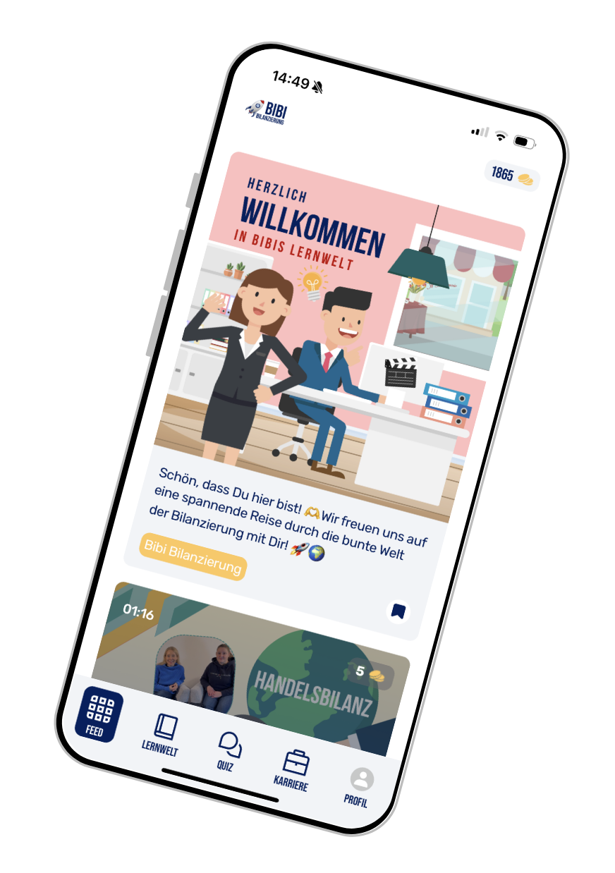 Smartphone-Bildschirm zeigt eine Lern-App mit der Ankündigung 'Herzlich Willkommen in Bibis Lernwelt' und zwei animierten Figuren in einem Büro.