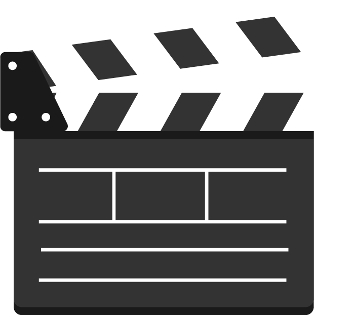 Schwarze Filmklappe mit aufgeklapptem Klappdeckel und weißen Linien für Szeneninformationen.