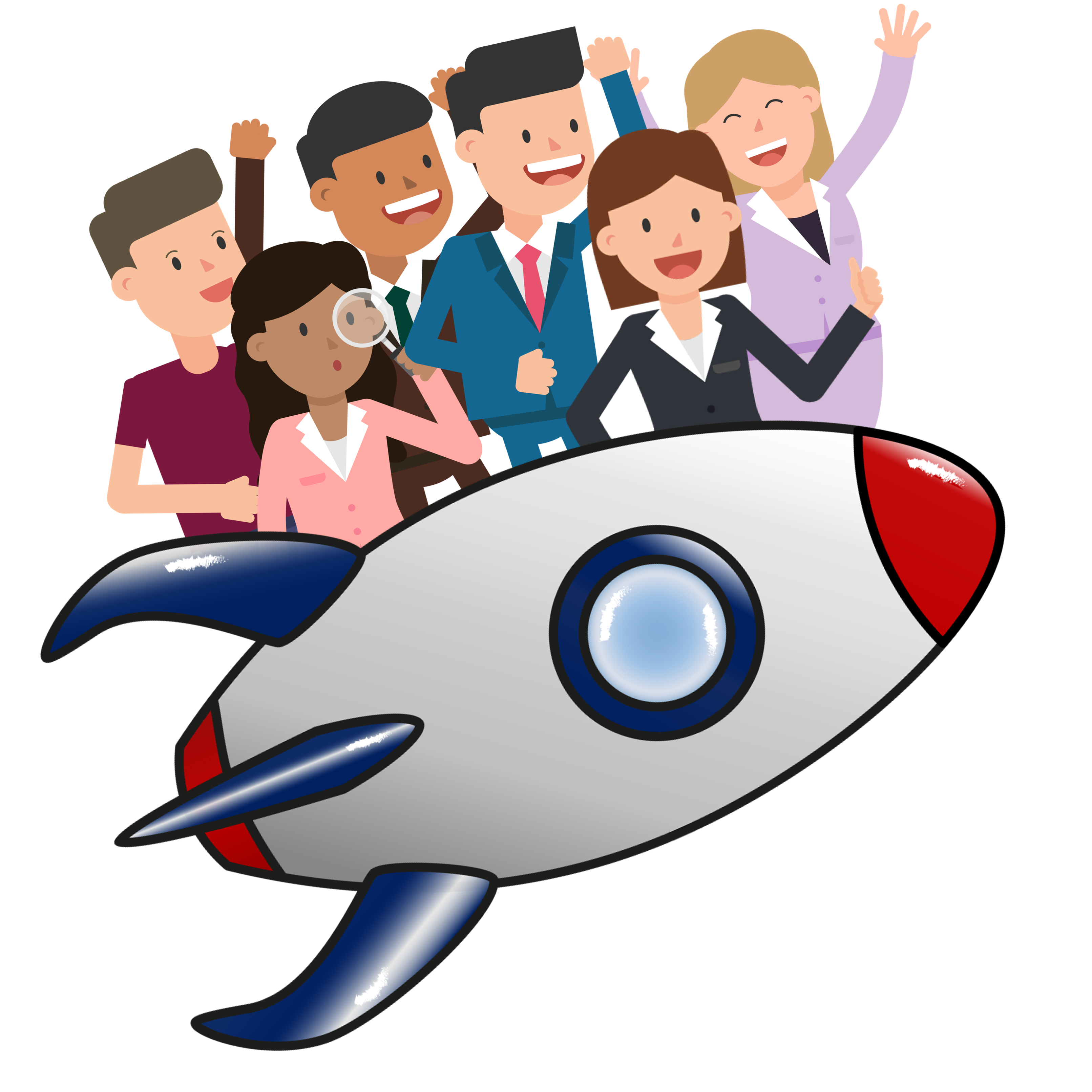 Illustration von sechs lächelnden Menschen hinter einer großen Rakete, die Freude und Teamarbeit symbolisiert.