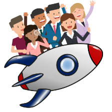 Sechs diverse Menschen zusammen lachend hinter einem startenden Raketenmodell.