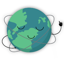 Globus mit lächelndem Gesicht und geschlossenen Augen, umkreist von zwei Ellipsenlinien.