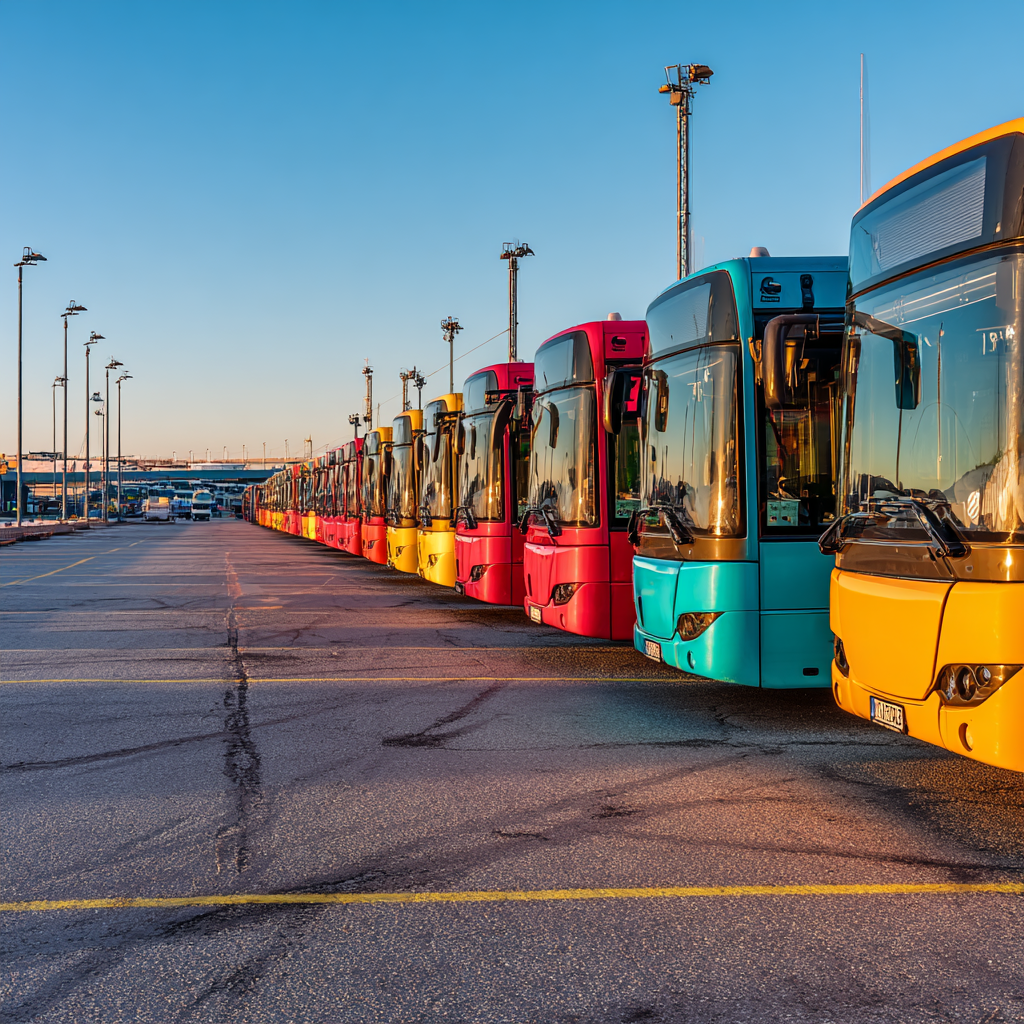 En bussterminal med flera parkerade gula och röda bussar i vintermiljö med snö på marken och gatlyktor tända.