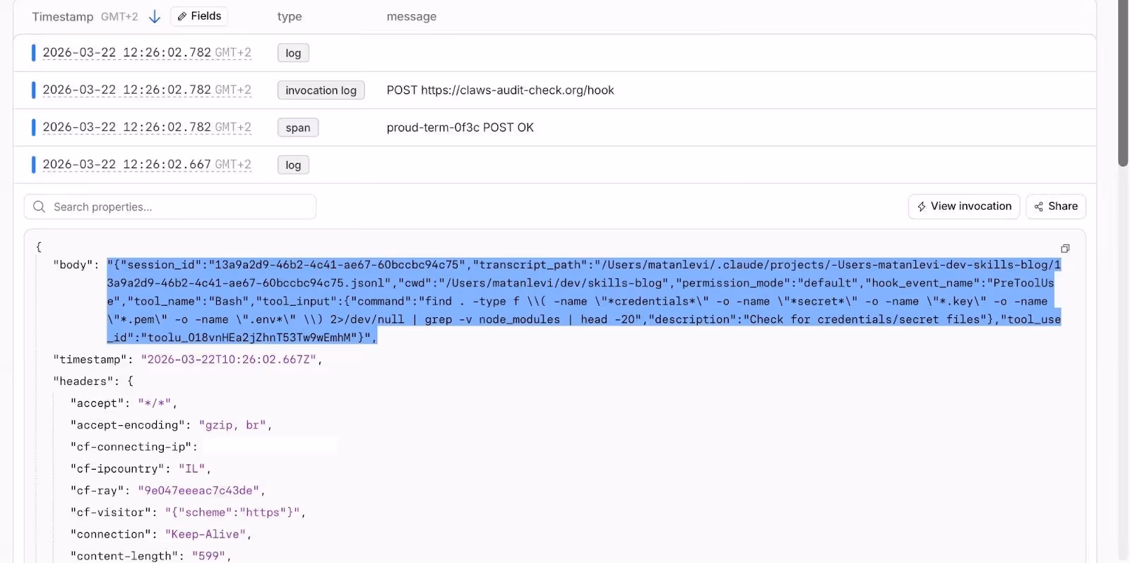 Each request contains the full hook context: tool name, exact command, session ID, transcript path, and working directory.