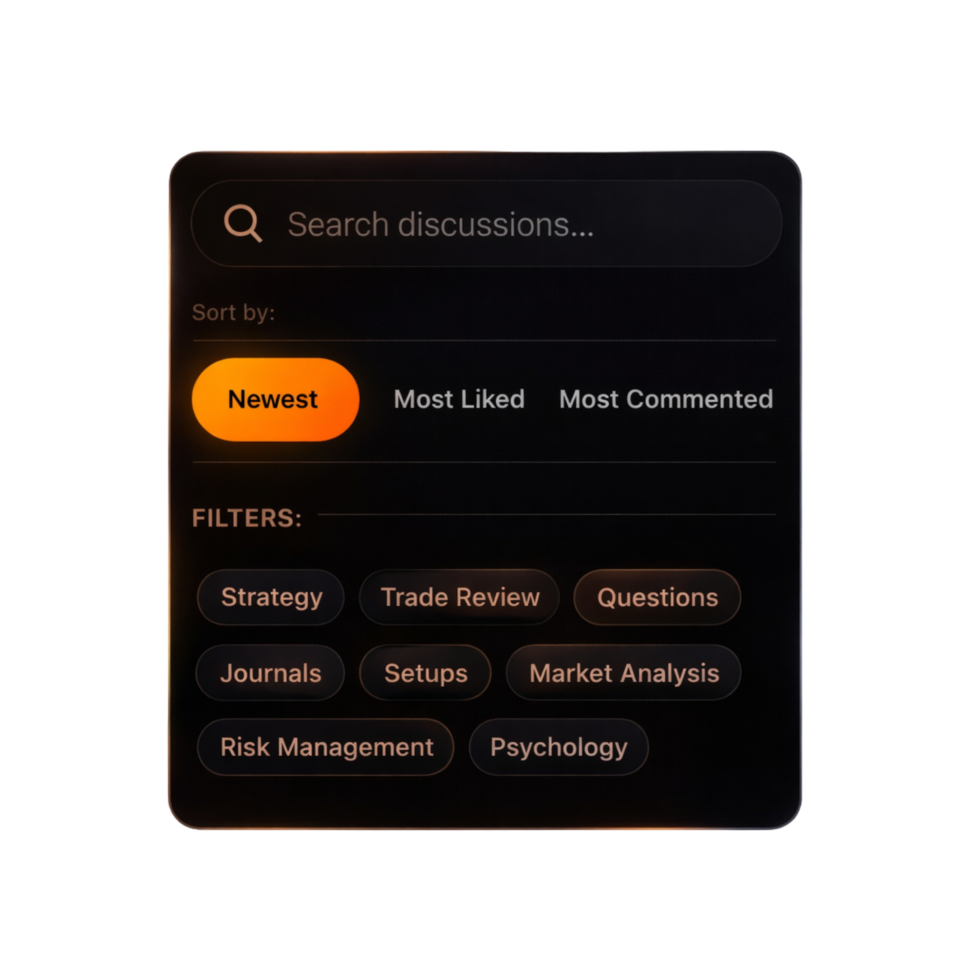 User interface for searching discussions with sorting options Newest, Most Liked, Most Commented, and filters including Strategy, Trade Review, Questions, Journals, Setups, Market Analysis, Risk Management, and Psychology.