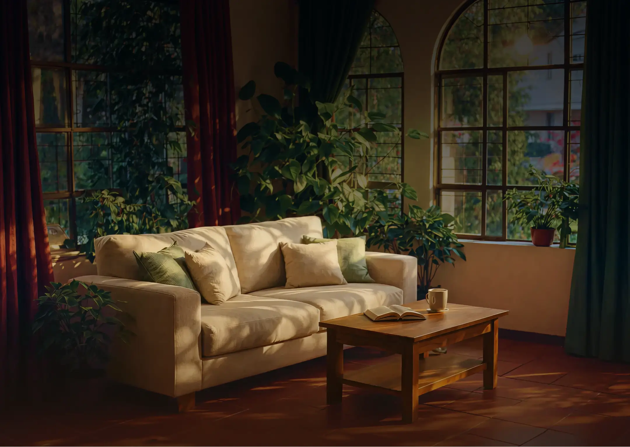 Cozy living room interior with a beige sofa, wooden coffee table, and large arched windows with a garden view