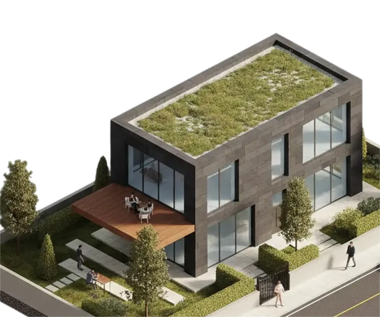 Isometric 3D model of a dark modern two-story building with green roof and terrace