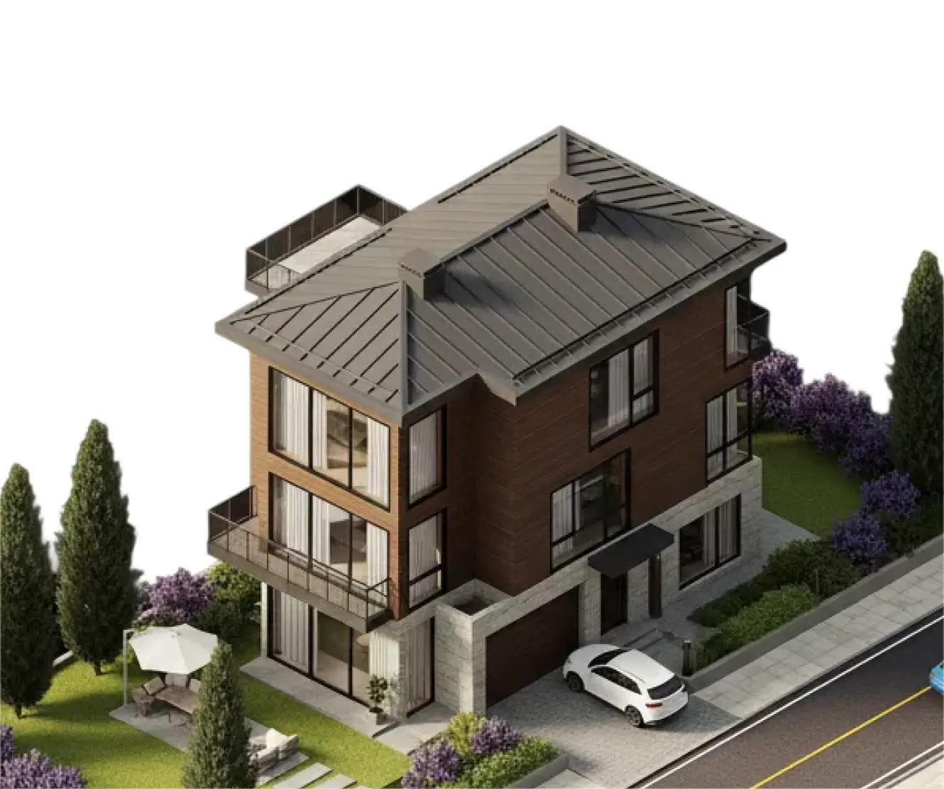 Isometric 3D model of a three-story residential building with gray roof and landscaping