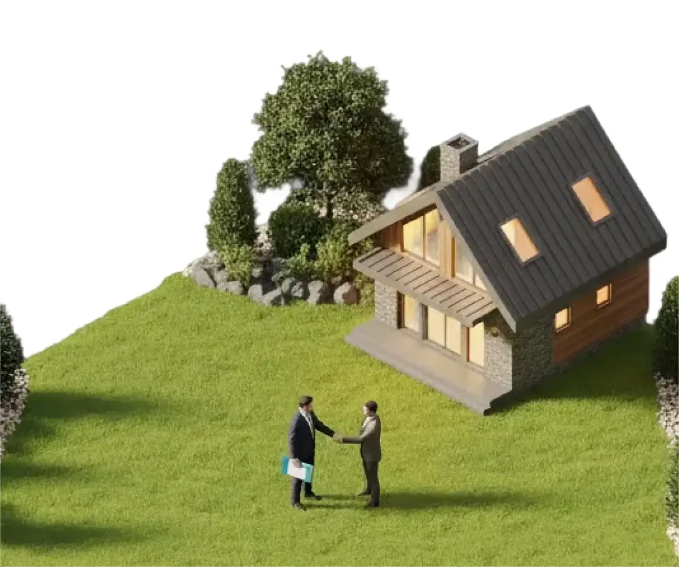 Isometric 3D illustration of two people shaking hands on a green lawn in front of a modern house
