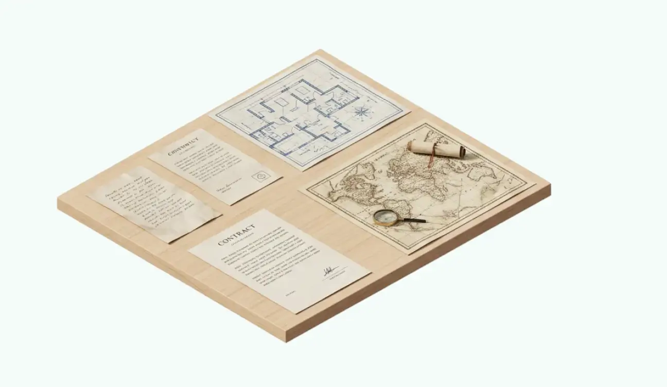 Isometric 3D illustration of a contract document, world map, and legal paper
