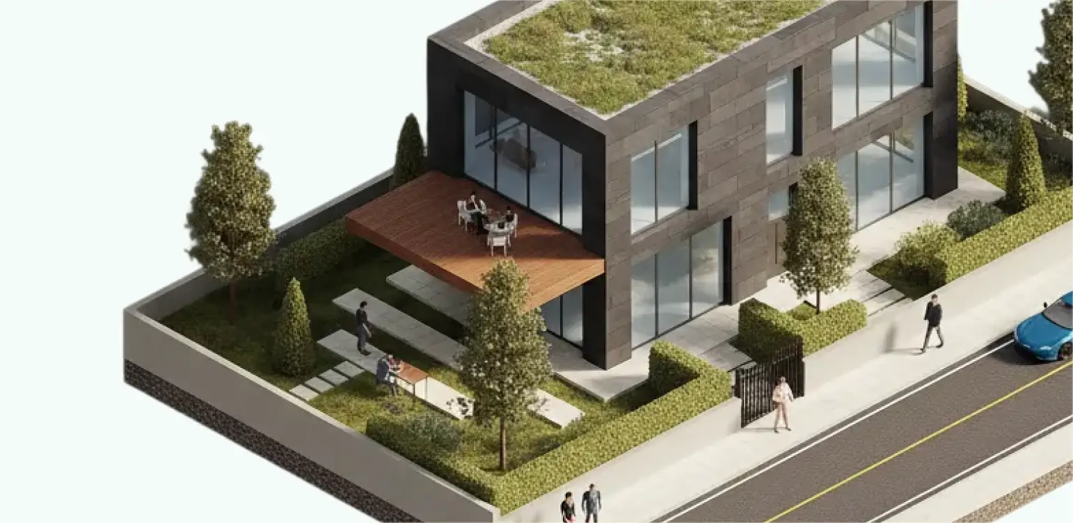 Isometric 3D model of a modern boxy two-story house with a flat roof and surrounding greenery