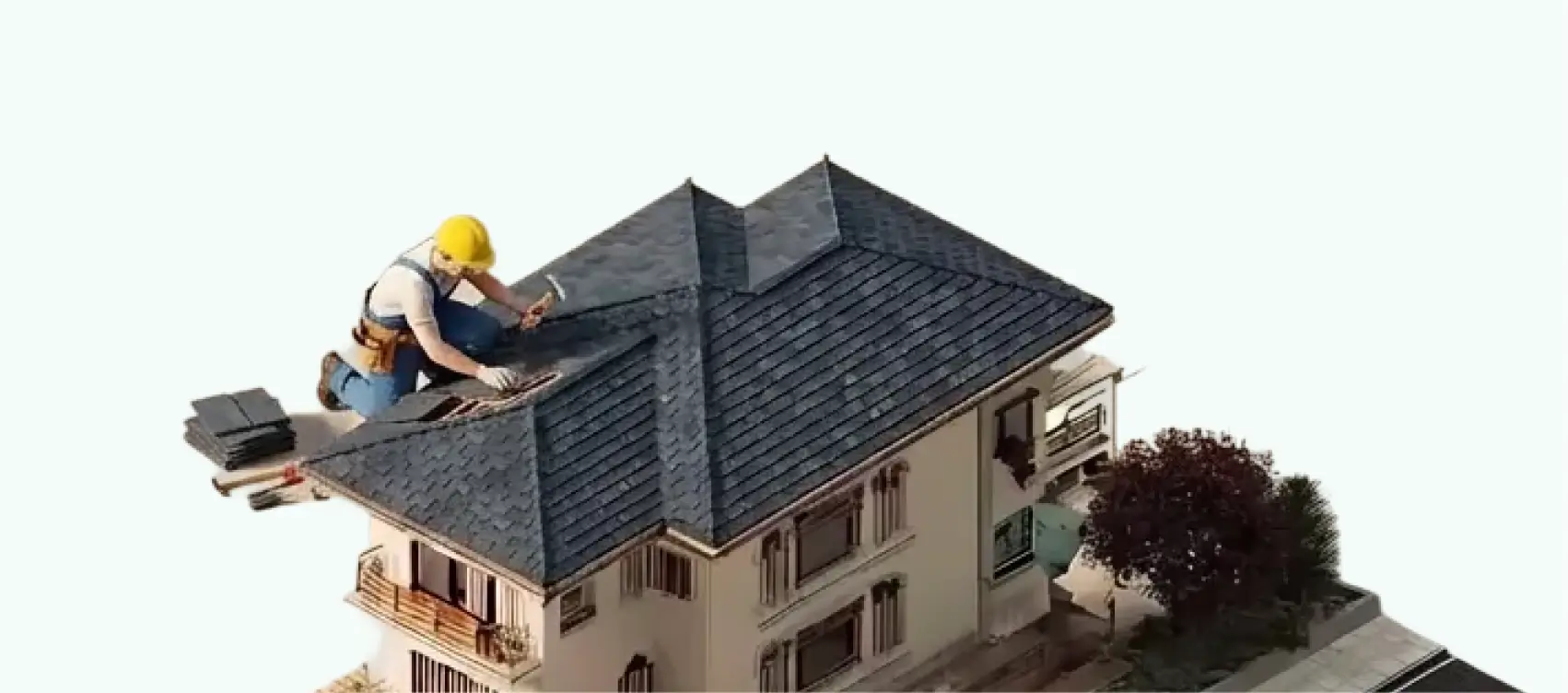 Isometric 3D model of a modern two-story house with a person fixing the roof