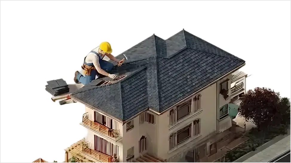 Isometric 3D model of a house with a worker repairing the roof