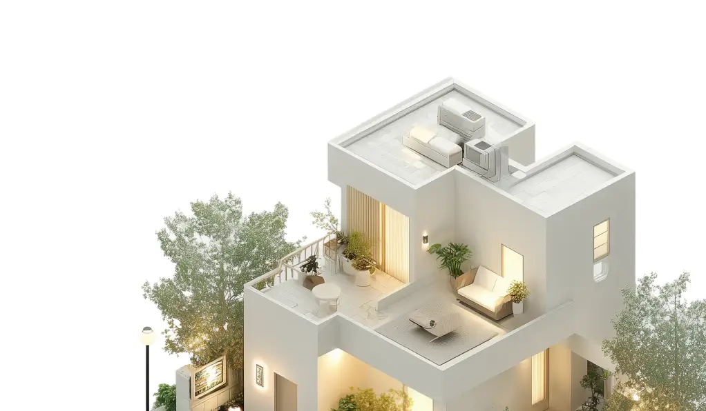 Isometric 3D model of a modern white two-story house with a flat roof, terrace, and small tree