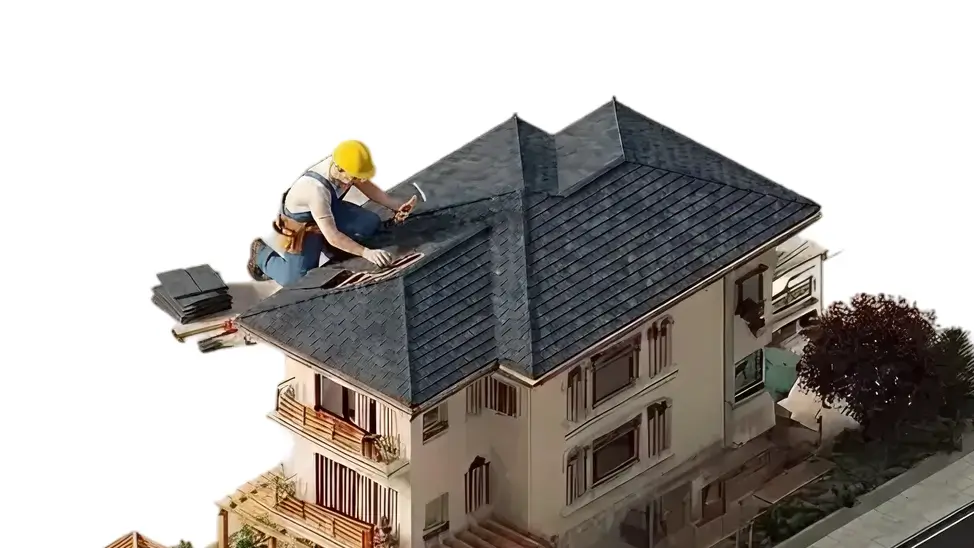 Isometric 3D model of a large house with a worker repairing the roof