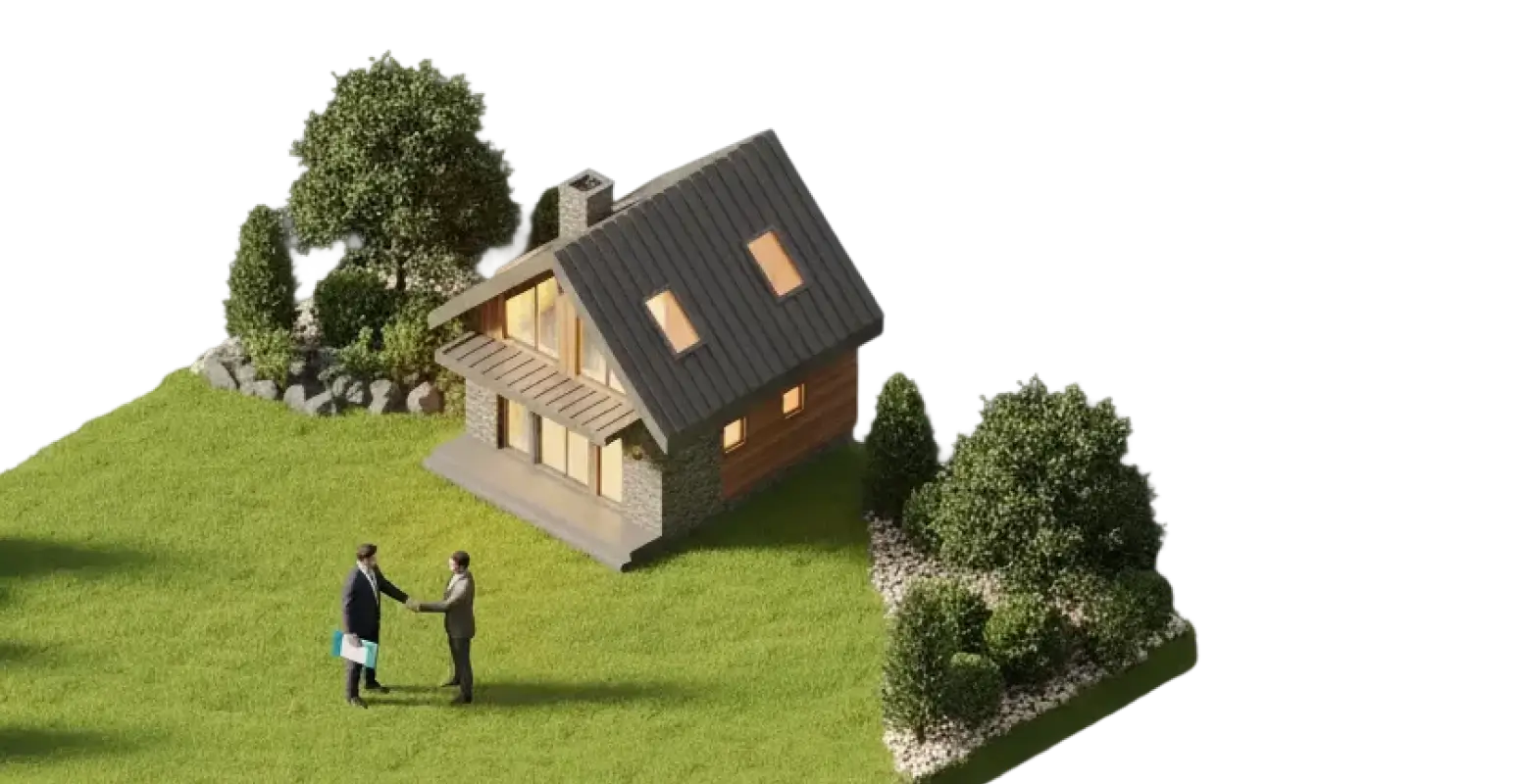 Isometric 3D illustration of two people shaking hands on a green lawn in front of a modern house (View 2)