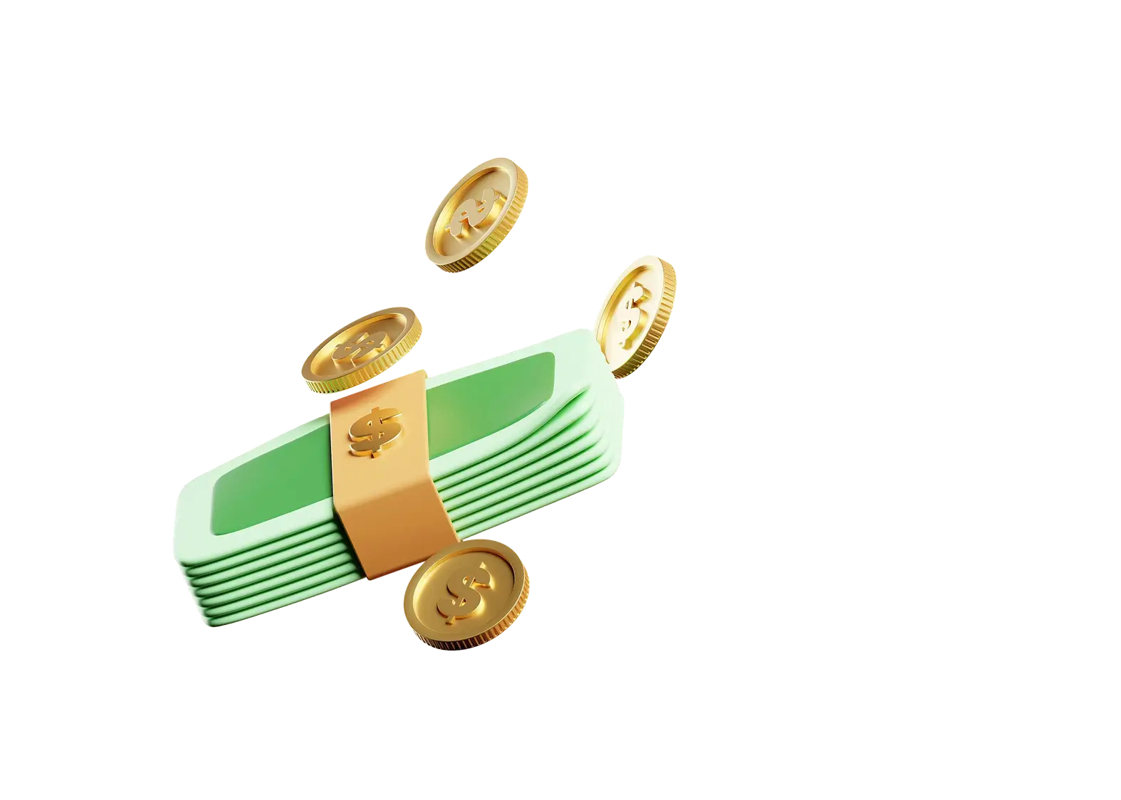 Isometric 3D illustration of bundled money with gold coins floating