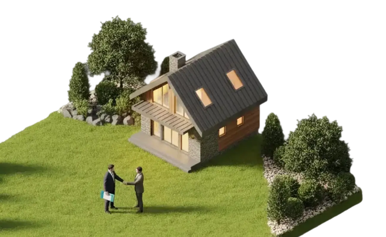 Isometric 3D illustration of two people shaking hands on a green lawn in front of a modern house (View 1)