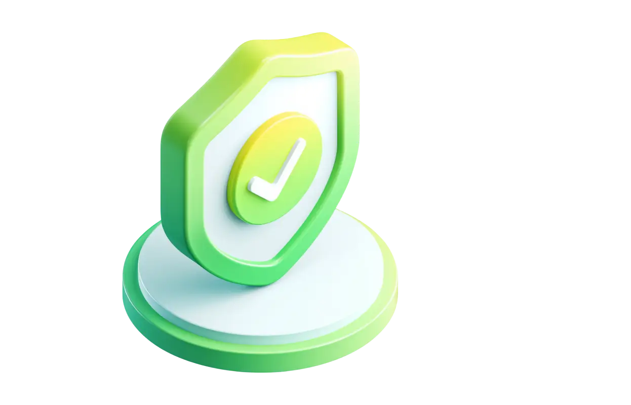 Isometric 3D shield icon in green with a yellow checkmark in the center