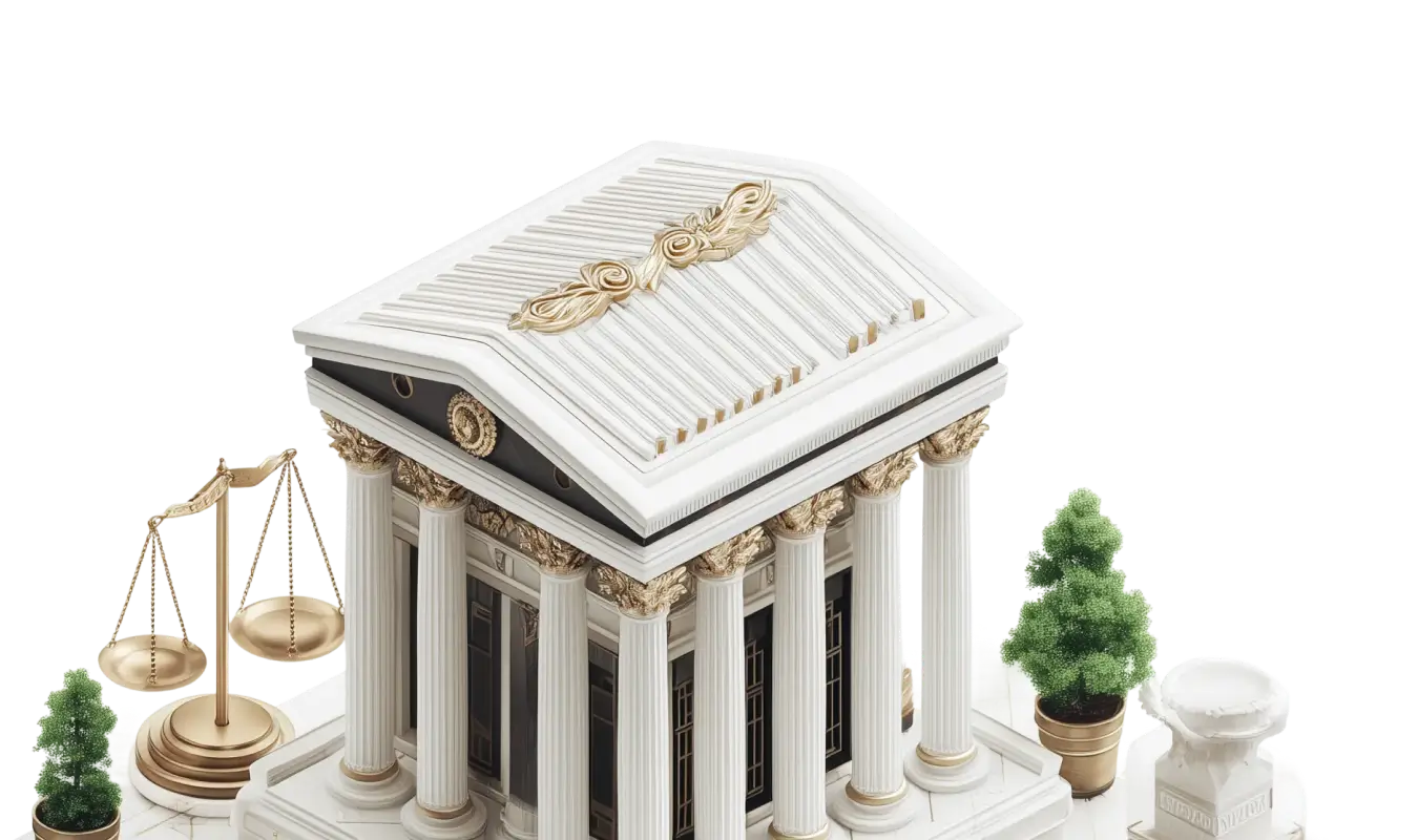 Isometric 3D model of a classical white building or temple with columns and gold accents