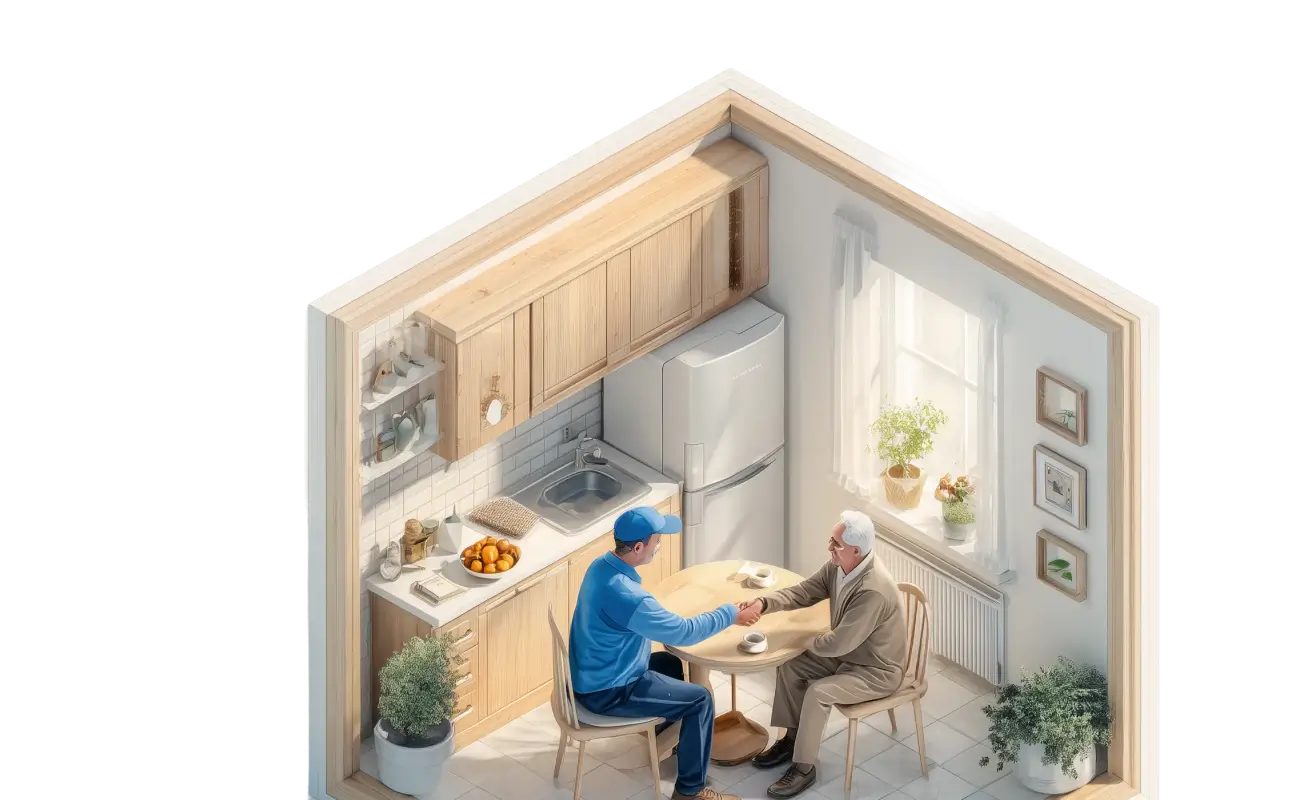 Isometric 3D model of a three-story residential building with gray roof and landscaping