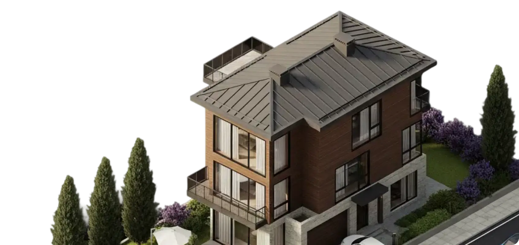 Isometric 3D model of a three-story residential building with gray roof and balconies