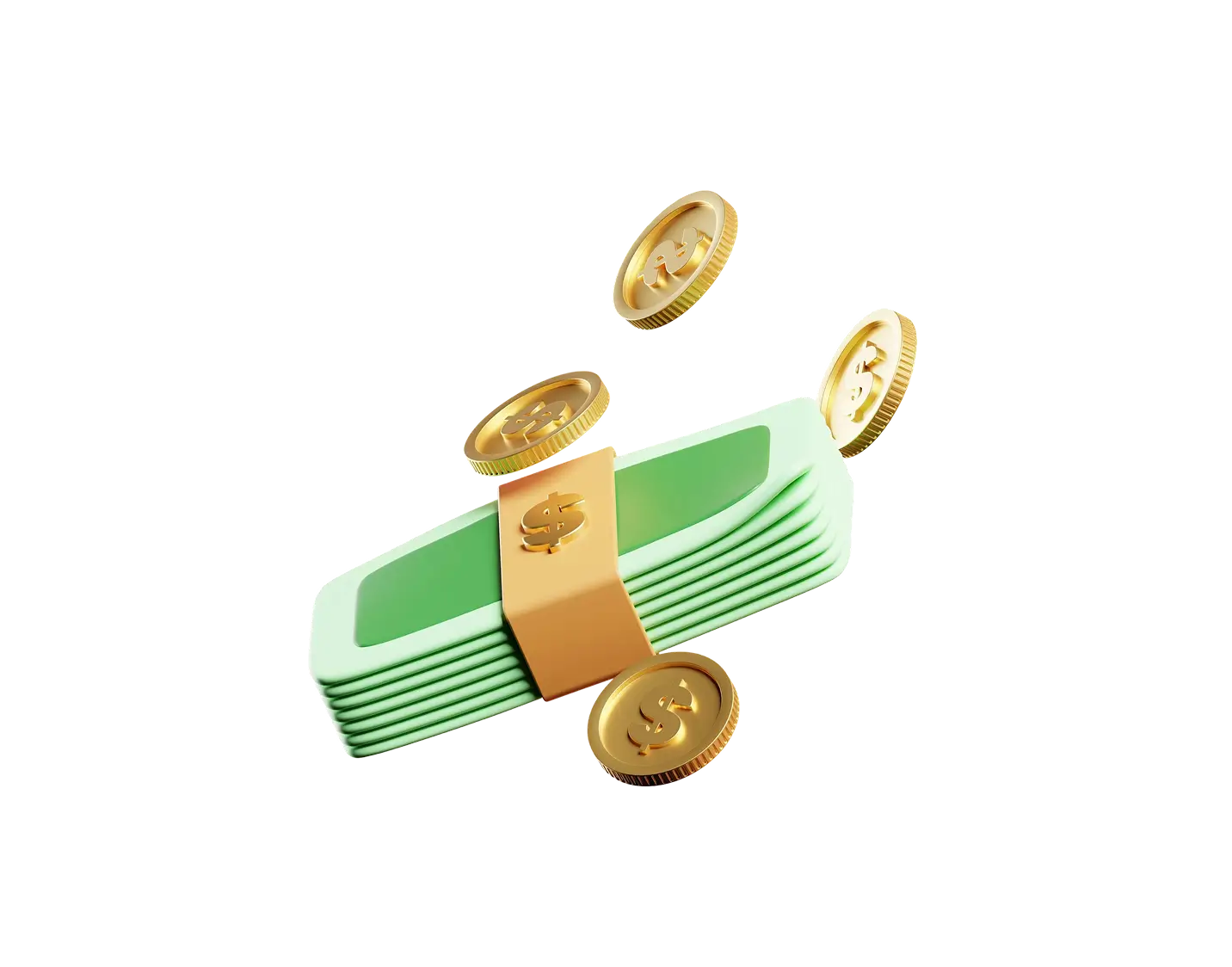 Isometric 3D illustration of bundled money and gold coins