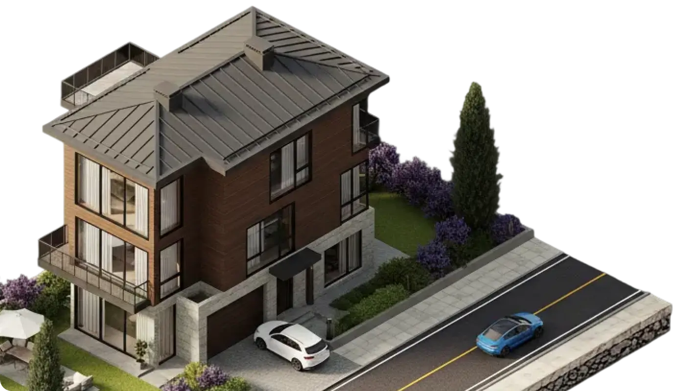 Isometric 3D model of a modern multi-story residential building with gray roof