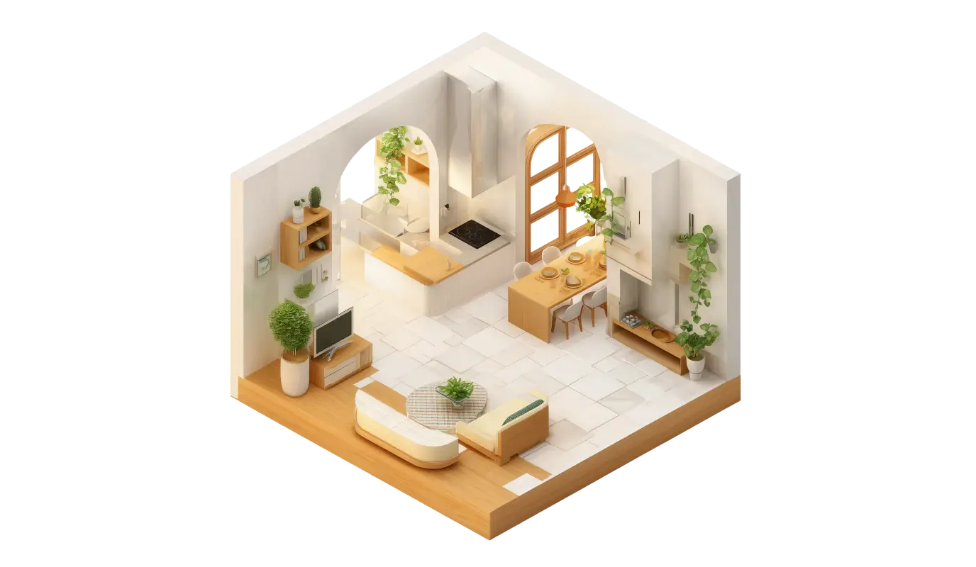 Isometric 3D floor plan of a modern apartment with kitchen, dining area, and living room