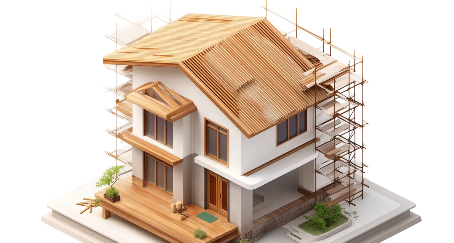 Isometric 3D model of a home renovation scene with paint supplies, ladder, and wooden deck
