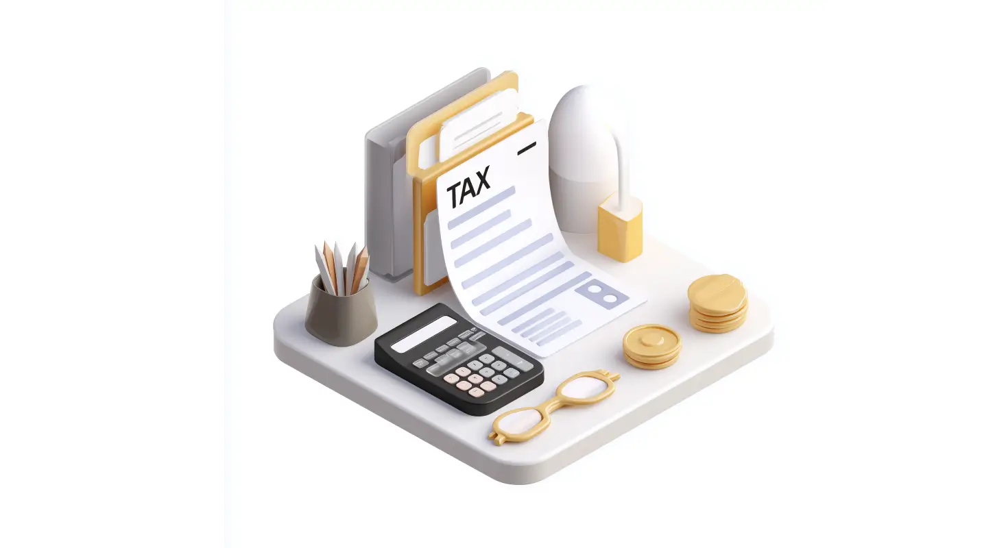 Isometric 3D illustration of legal documents, scale of justice, and gavel