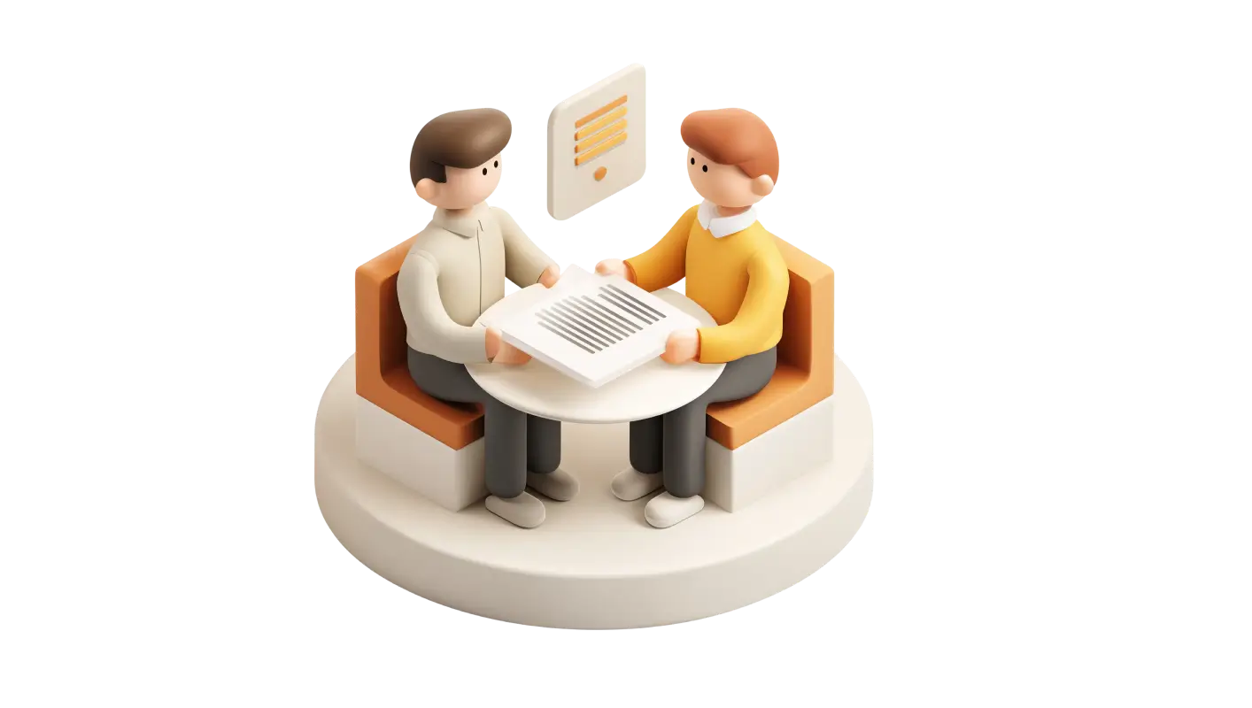 Isometric 3D illustration of people meeting at a table with a document suspended above