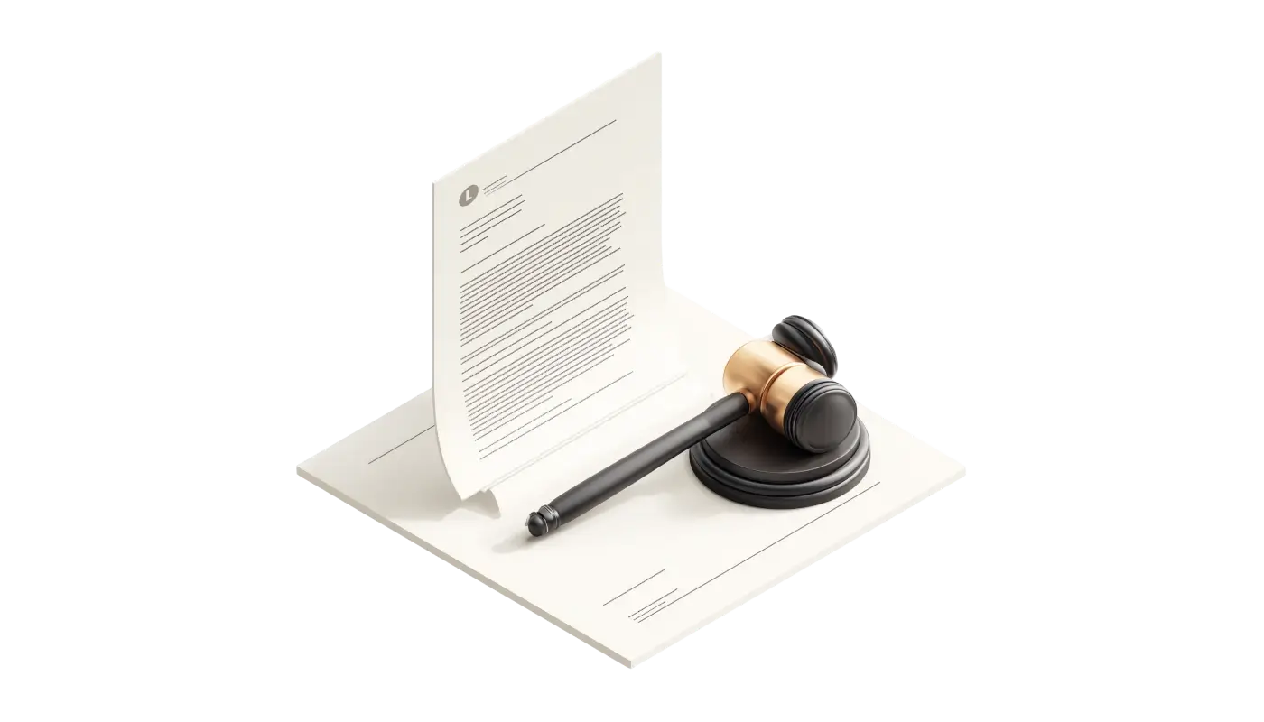 Isometric 3D legal document with a gavel