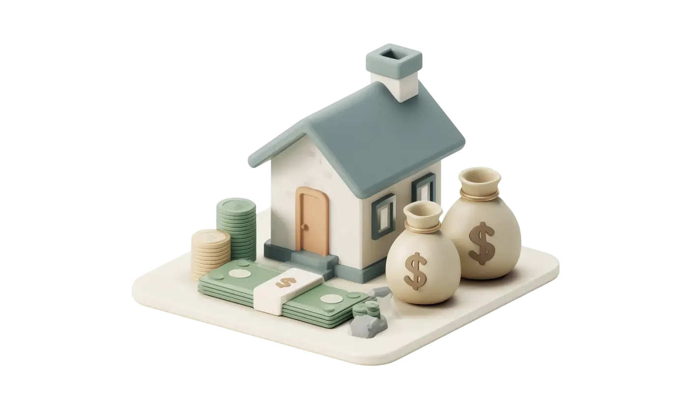 Isometric 3D model of a house with money bags and stacks of cash representing property value