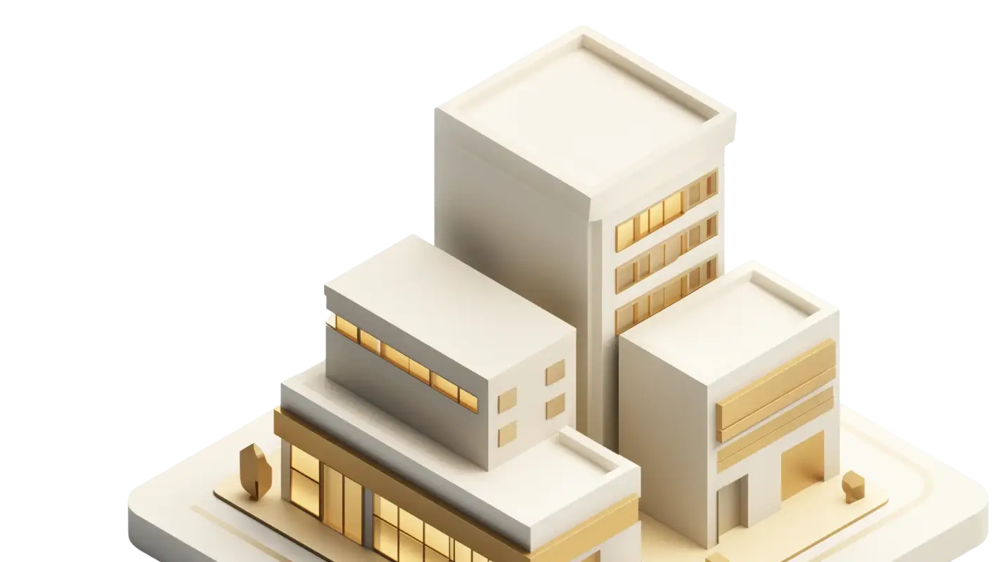 Isometric 3D model of a modern commercial complex with multiple white buildings and gold windows