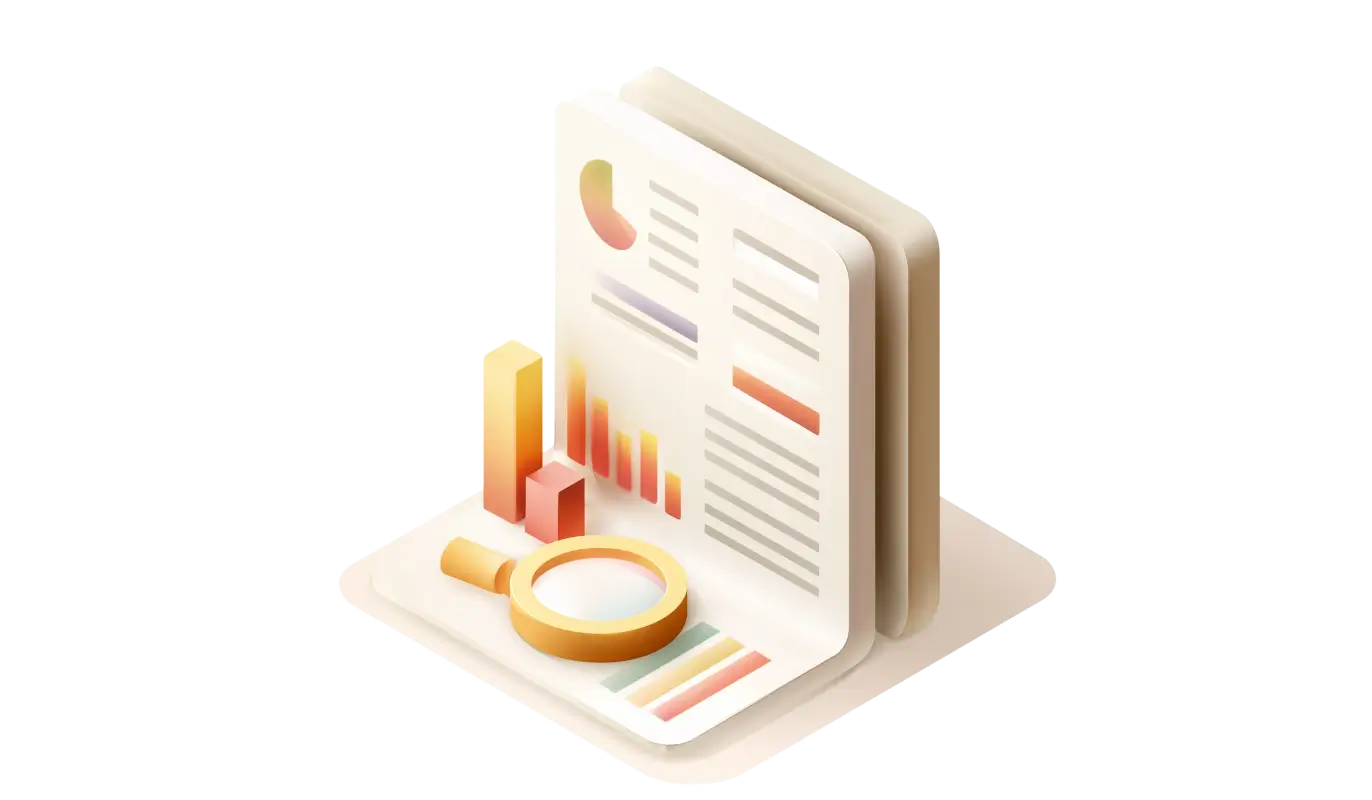 Isometric 3D document report with charts, graphs, and a magnifying glass