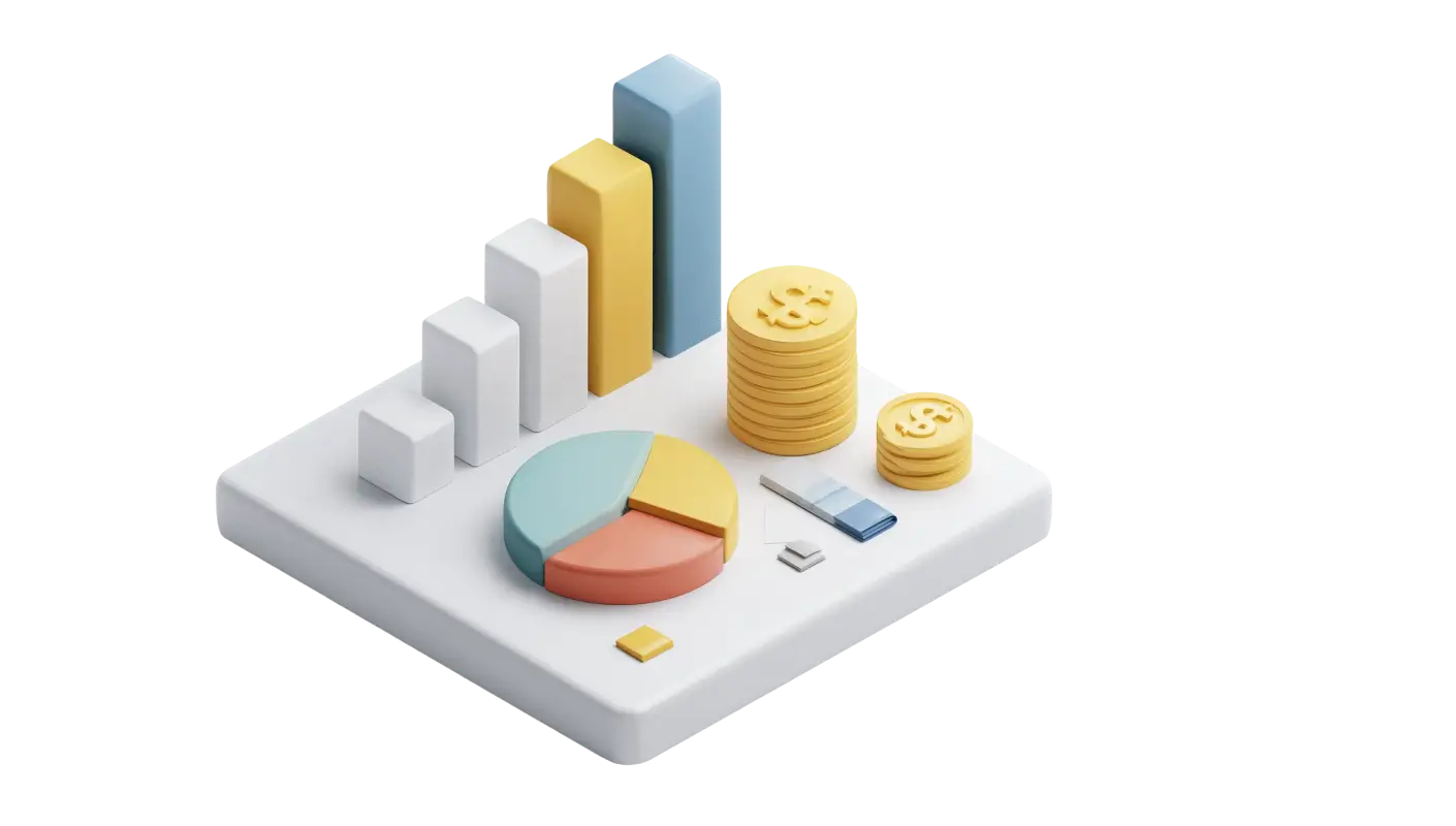 Isometric 3D chart showing bar graphs, currency coins, and a pie chart