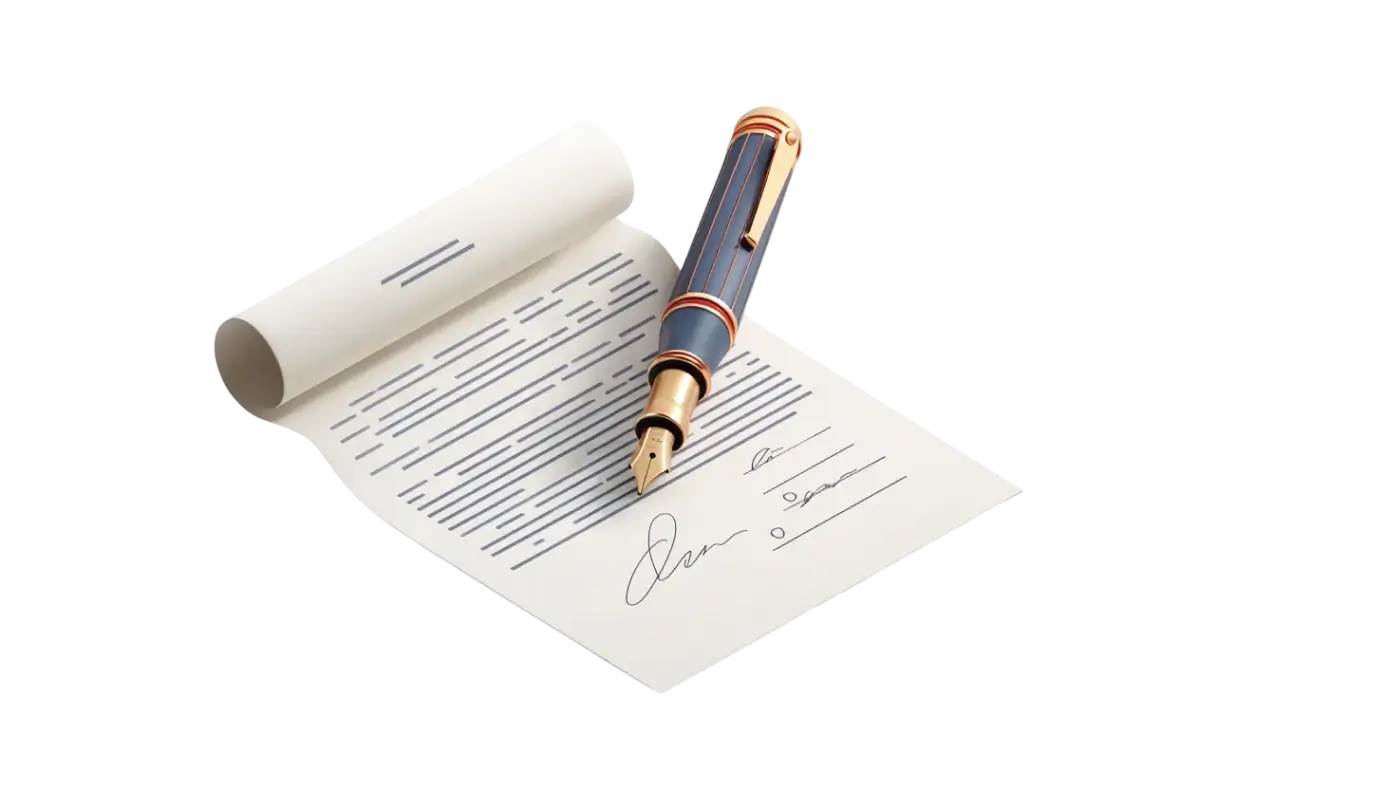 3D illustration of a pen signing a document